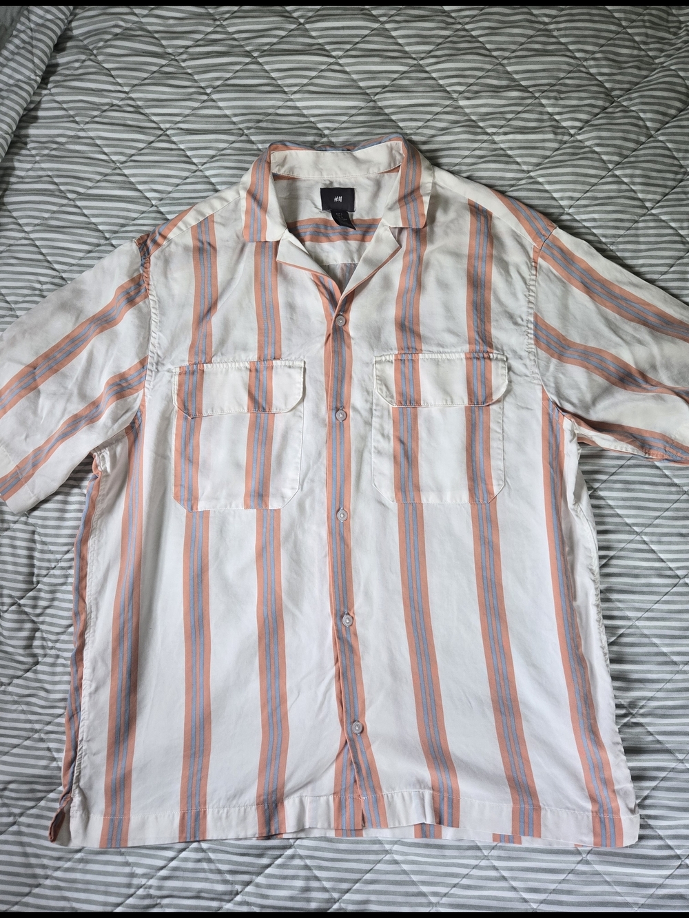 Beachy White Button-Up Shirt with Peach & Blue Stripes